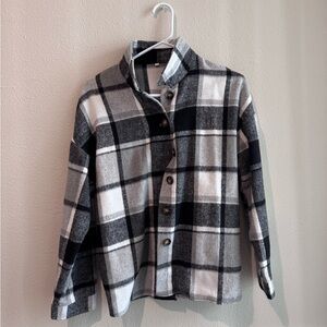 Plaid Button-Up Shacket White Black and Grey